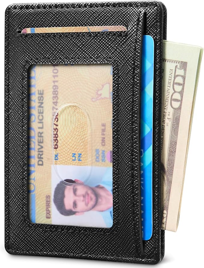 Travelambo 100% Genuine Leather Wallet for Men and Women, Slim Minimalist RFID Blocking Front Pocket Credit Card Holder with Gift Box(Cross Black)