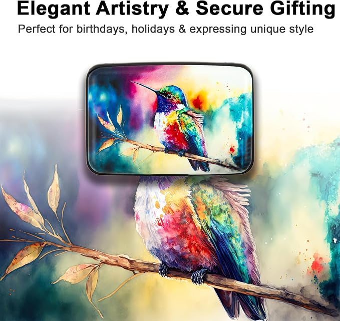 Credit Card Holder for Women Men RFID Blocking Wallet Small Business Metal Slim Mini Aluminum Hard Case (Watercolor Painting Hummingbird)
