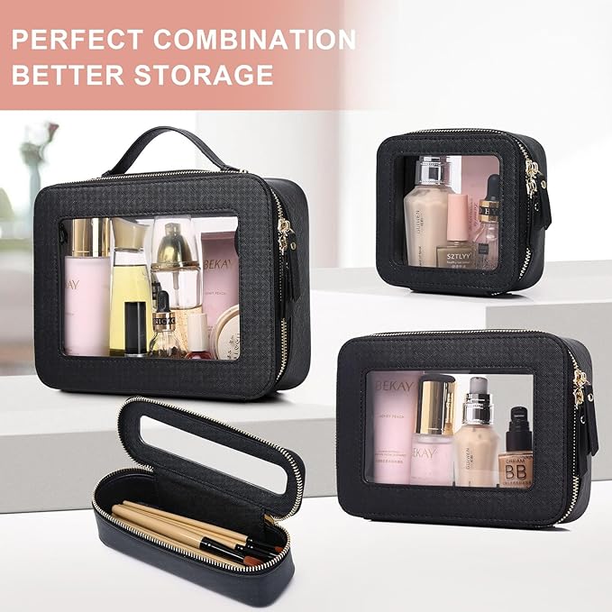 Pinkmik Clear Makeup Bag Waterproof Travel Case for Cosmetics and Toiletries Women's Purse Organizer and Clear Car Bag with Zipper (Black, L+M+MINI)