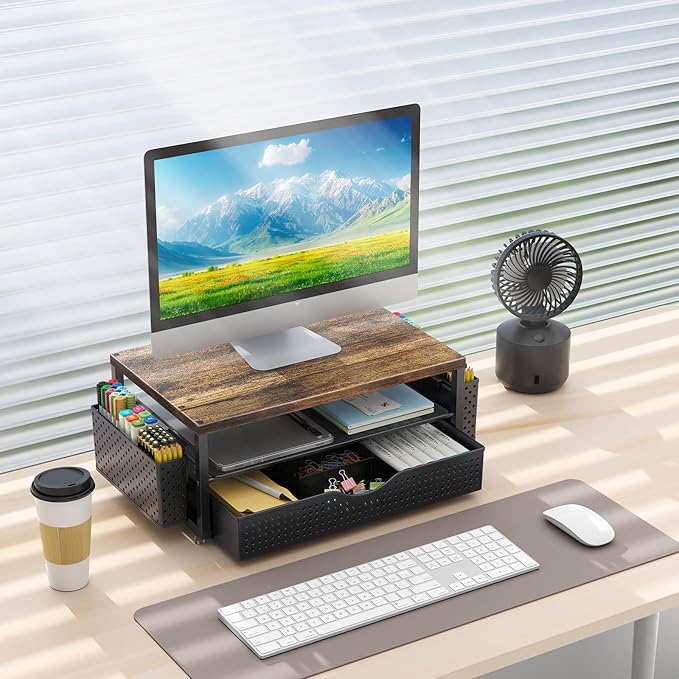 gianotter Wood Monitor Stand Riser, Office Desk Shelf Organizer, Desk Organizer with Drawer and Pen Holder, 2-Tier Computer Stand, Office Organization (Wood)