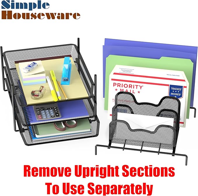 Simple Houseware Desk Organizer with 3 Sliding Tray and 5 Stacking Sections, Black