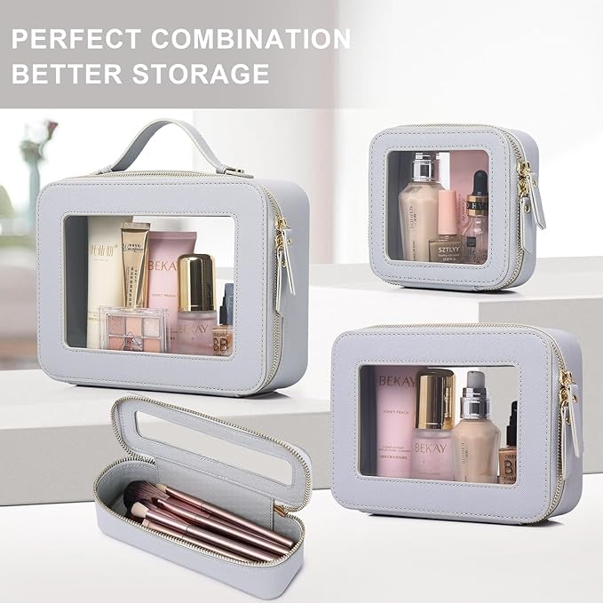 Pinkmik Clear Makeup Bag with Brush Bag 2pcs Waterproof Travel Case for Cosmetics and Toiletries Women's Cosmetic Organizer with Zipper (Gray, L+SLIM)
