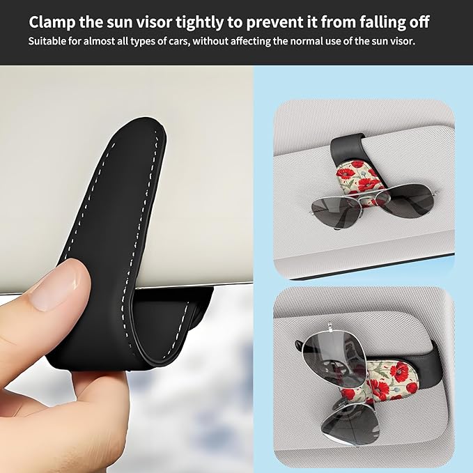 Sunglasses Holder for Car Visor, PU Leather Glasses Clip Organizer, Cute Magnetic Eyeglass Holder for Vehicle Sun Visor, Car Interior Accessory for Women & Men Red Poppy Flowers