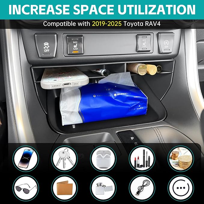 Center Console Organizer Tray Compatible with 2019-2025 Toyota RAV4 & Prime Accessories, ABS Material Insert Gear Shift Divider Slot Secondary Storage Box for RAV-4 Interior Accessories