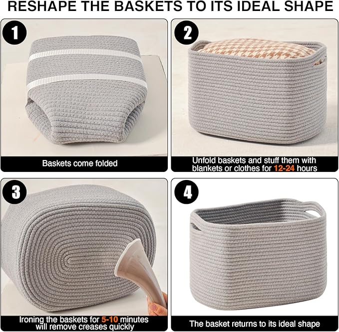 ICERZCZ Storage Baskets for Organizing Shelves, Woven Cotton Rope Bins for Baby Nursery Organization, Book Toy Towel Organizer, 15"x11"x9.5", 3 Packs, Grey