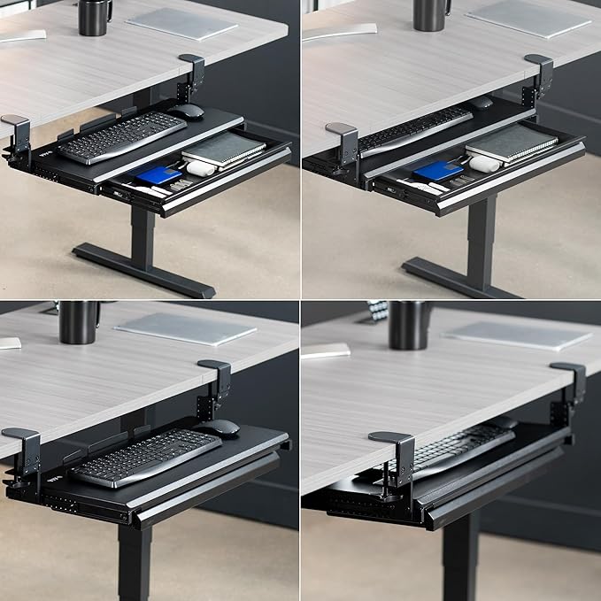 VIVO Large Height Adjustable Clamp-on Keyboard Tray, Extra Sturdy Pull Out Platform with Storage Drawer, 27 (33 Including Clamps) x 11 inch Slide-Out Tray with Organizer, Black, MOUNT-KB05HB-DR