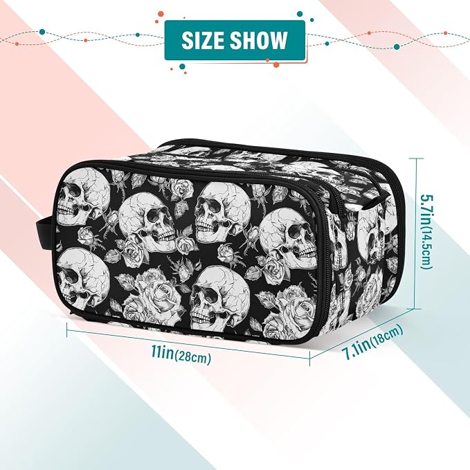 MNSRUU Large Capacity Makeup Bag, Gothic Skulls and Flowers Cosmetic Bag Portable Toiletries Pouch with Compartments Makeup Organizer Case for Travel Women