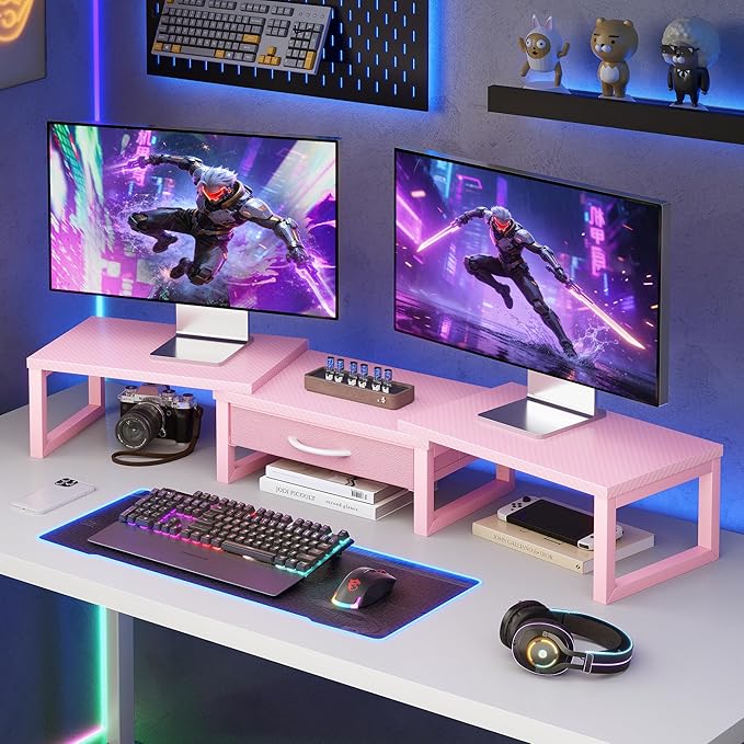 Desk Organizers and Accessories, Dual Monitor Stand Riser with Drawer, Computer Monitor Stand, Adjustable Desk Shelf for PC Laptop Printer TV, Pink