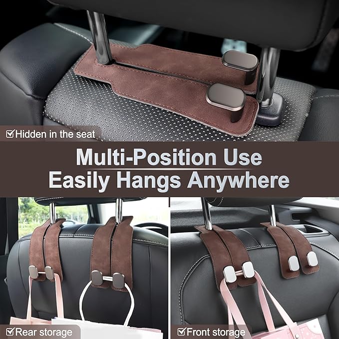 LivTee Headrest Purse Hook for Car, Seat Hook Hangers Storage Organizer for Bags and Coats Holder, Upgrade Leather Double Hook and Mobile Phone Holder for Universal Vehicle Car Accessories (Brown)