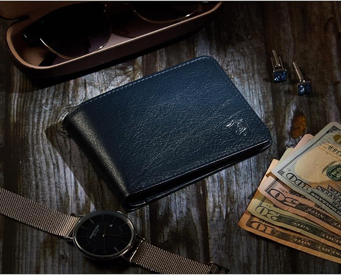 Cochoa Wallet for Men Bifold Leather RFID Blocking High Capacity Slim Card Case with 2 ID Window for Gift (Nappa, Midnight Navy)
