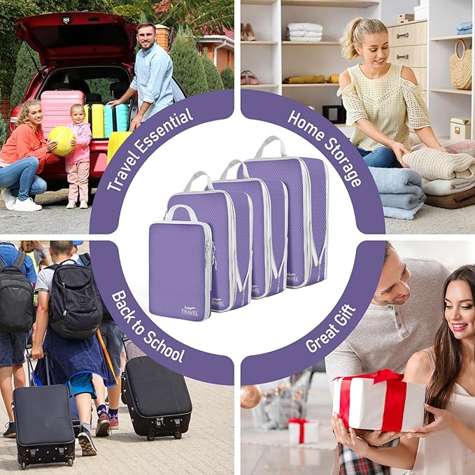 4 Set Compression Packing Cubes, Suitcase Organizer, Lightweight Travel Essentials, Compression Bags For Travel Accessories Luggage Storage Set (4 Pcs, Purple)