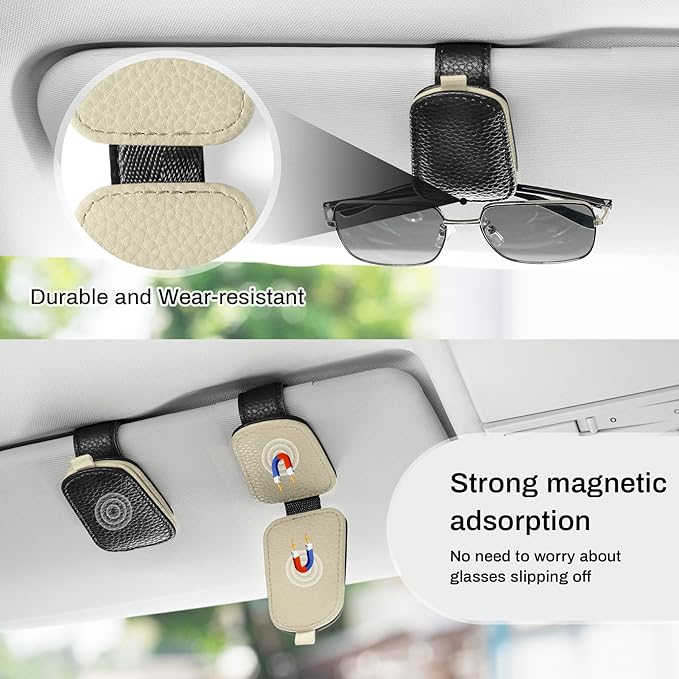 SINGARO Sunglasses Holder for Car, Leather Magnetic Buckle Sun Visor Sunglass Clip, Ticket Card Storage Glasses Clip, Car Interior Accessories for Men and Women(Black-Beige)
