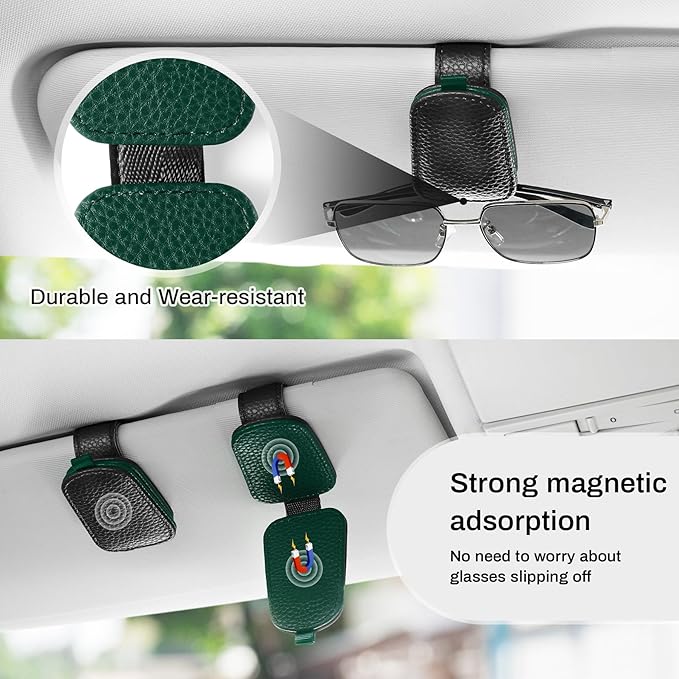 SINGARO Sunglasses Holder for Car, Leather Magnetic Buckle Sun Visor Sunglass Clip, Ticket Card Storage Glasses Clip, Car Interior Accessories for Men and Women(Black-Green)