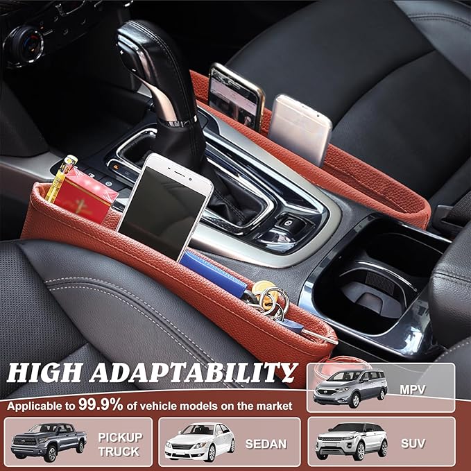 2 Pack Update Car Seat Gap Filler Organizer Leather Console Storage Box Front Side Pocket Seats Organizers Filler Interior Car Accessories for Phone Wallet Coin Key Sunglasses (Brown)