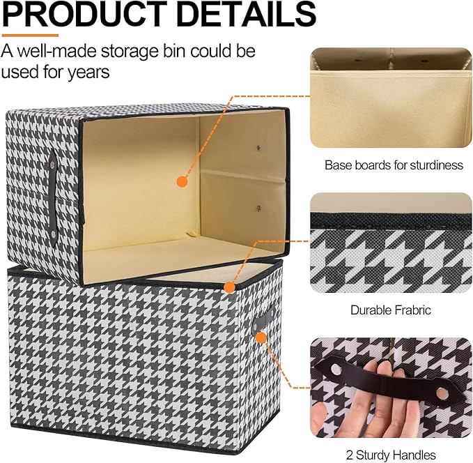 3 Pack Large Collapsible Storage Baskets for Shelves,14.9"x9.5" Fabric Closet storage Boxes with Leather Handles,Decorative Organizers Storage Bins for Clothes,Sheets,Toys,Books,(Houndstooth