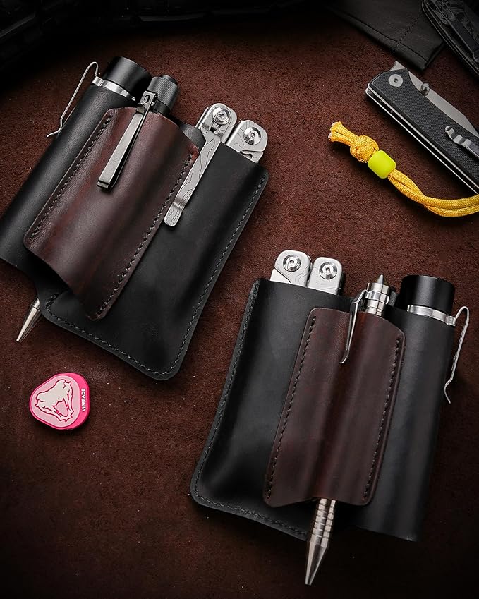 VIPERAED PJ38 Leather Multitool Sheath for Men, 4-in-1 Utility Leather Holster, EDC Pocket Organizer for Pocket Knife Multitool Flashlight and Pen