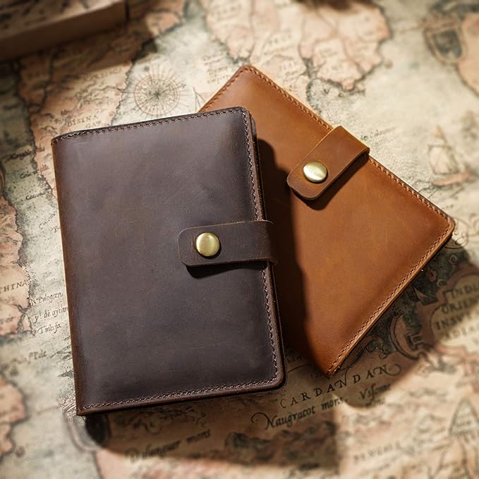 Genuine Full Grain Leather Passport Holder, Slim Bifold with Snap Button Closure, 5 Card Slots, Men's Travel Wallet (TAN)