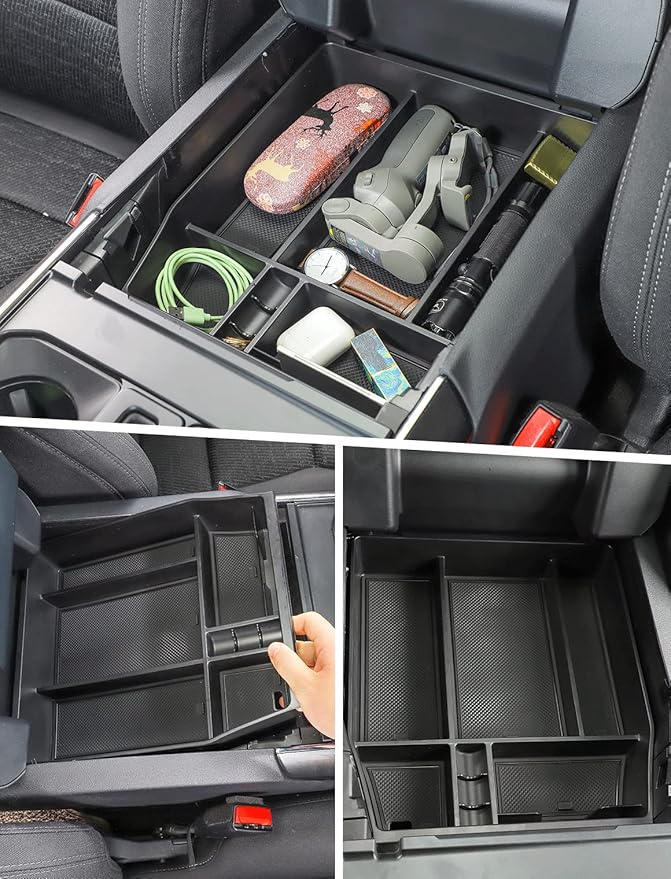 Savadicar Center Console Organizer Compatible with 2015-2025 Ford F150 (Not Fits 40/20/40 Jump Seat Console), ABS Armrest Insert Storage Tray With Liner Pad, Interior Accessories, Black