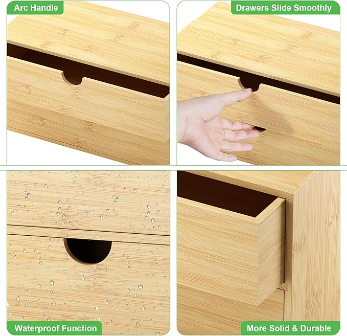 Wisuce Desk Organizer with Drawers - Bamboo Desktop Organizer Storage Natural Wood Desk Drawers Organizer for Bills, Office Supplies, Cosmetics, Seals No Assembly Required 3 Drawers(left-right)