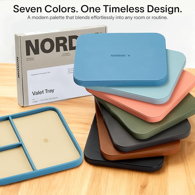 Nordik Leather Valet Tray - Nordik Blue - 11.8x7.9 Inch Large-Sized Vegan Leather Tray - Stylish Nightstand Organizer for Men - Modern Bedside Caddy - EDC Catchall for Keys Watch Wallet Jewellery