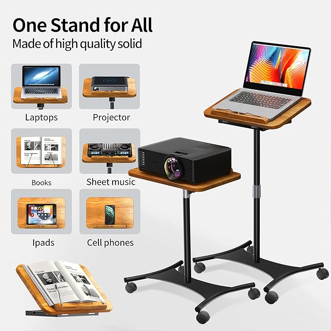 NAMON Rolling Laptop Stand, 2 in 1 Dual-use Floor & Desktop, Adjustable Height from 16.5" to 51", with 4 Lockable Casters, Laptop Floor Stand Perfect for Home, Office, Study (Rubberwood Finish)