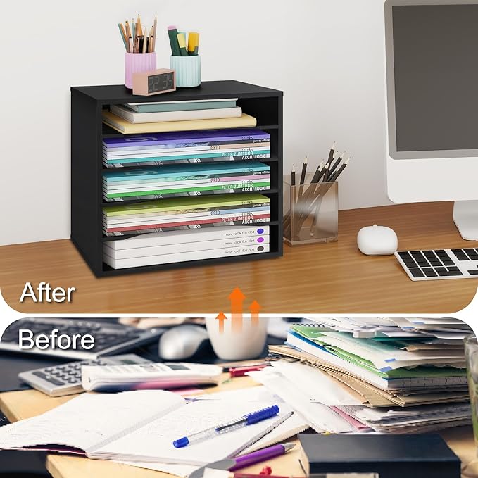 EMERIT 4-Tier Adjustable Paper Organizer, Large Capacity Book Shelf for Textbooks/Magazines/Office Files, Wooden Dividers, 7 lbs per Shelf, Black