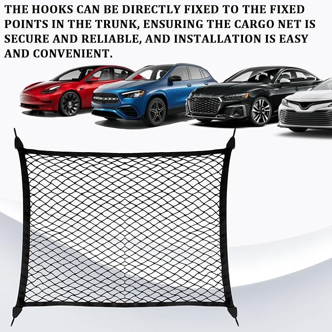 Elastic Cargo Net for SUV Trucks, Ceiling Cargo Net, Adjustable Trunk Mesh Net Organizer 32" X 24" Stretch to 63"X43" with Hooks, Universal Car Rear Trunk Bed Netting Storage Accessories(Black)