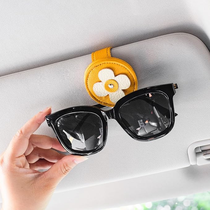 Sunglass Holder for Car Visor Clip 2 PCS, Car Sunglasses Holder, Visor Accessories Eyeglasses Holder Storage Case (Yellow+Brown)