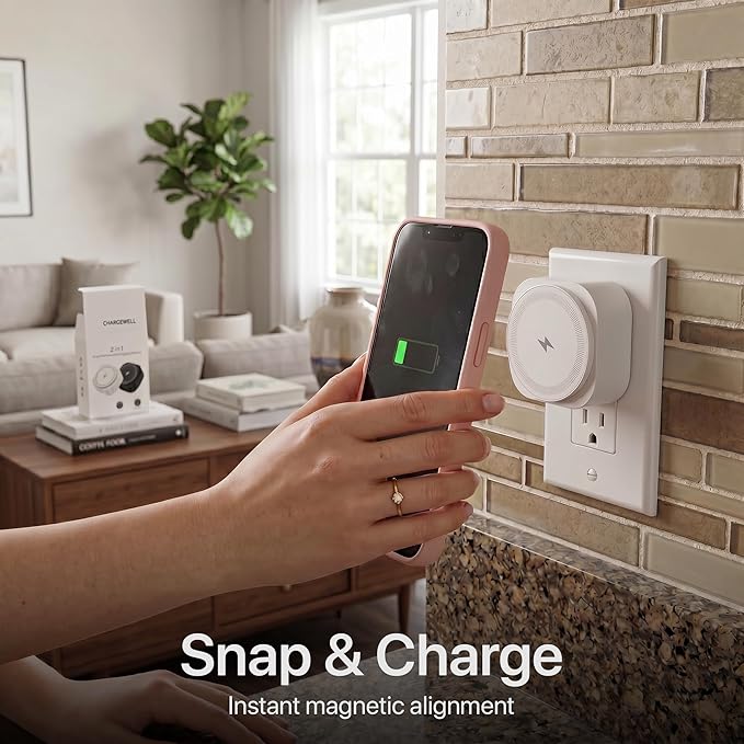 Wall Outlet Wireless Charger, Qi2 15W MagSafe-Compatible Magnetic Phone Charger with USB-C Port, Plug-in Cordless Design for Kitchen & Nightstand, iPhone 17/16/15/14/13/12, White,Pack of 2