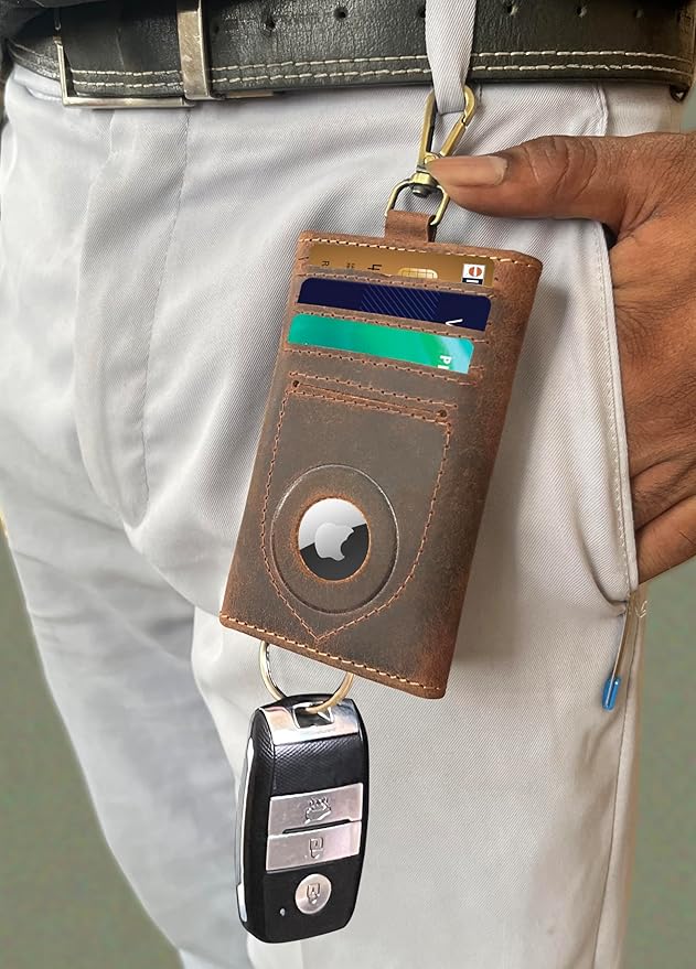 RUSTIC TOWN Leather Key Holder - Smart Fob Car Key Loop Wallet Slim Keychain Pouch - Practical Key Organizer for Men & Women