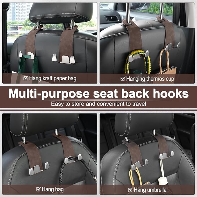 GaRhomxy Car Seat Headrest Hook, Premium Suede Double Hook 2 Pack, Universal Hanging Accessories for Purse, Bag, Groceries - Car Interior Accessories (Brown)