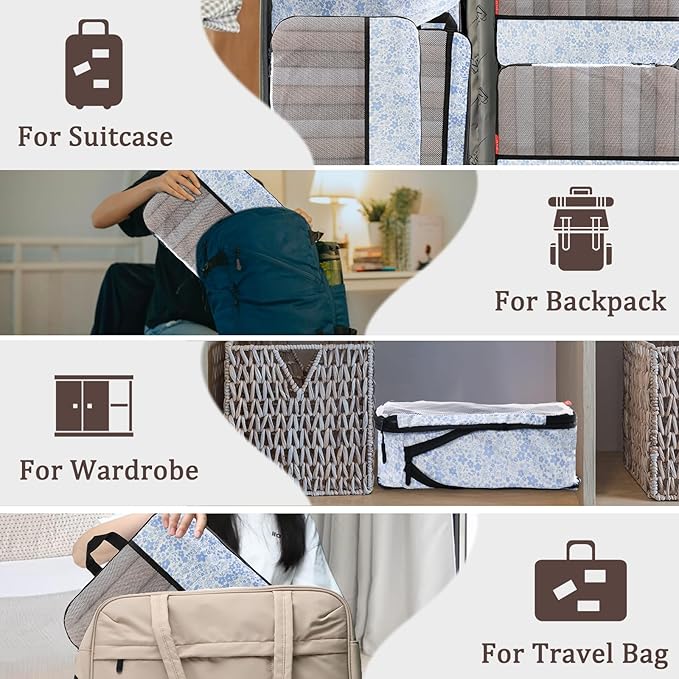 U+U 4 Set Compression Packing Cubes - Ultralight Travel Organizers, Space-Saving Suitcase Organizer, Expandable Packing Cubes for Travel, Business Trip and Family Vacation (Blue Flower)