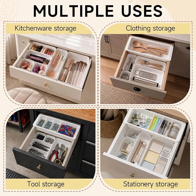 27 Pcs Deep Drawer Organizer Bulk, 2 Expandable Hanging Trays with Plastic Drawer Dividers Organizers, Desk Drawers Organizer Trays for Makeup Kitchen, Bathroom, Office, Bedroom, White