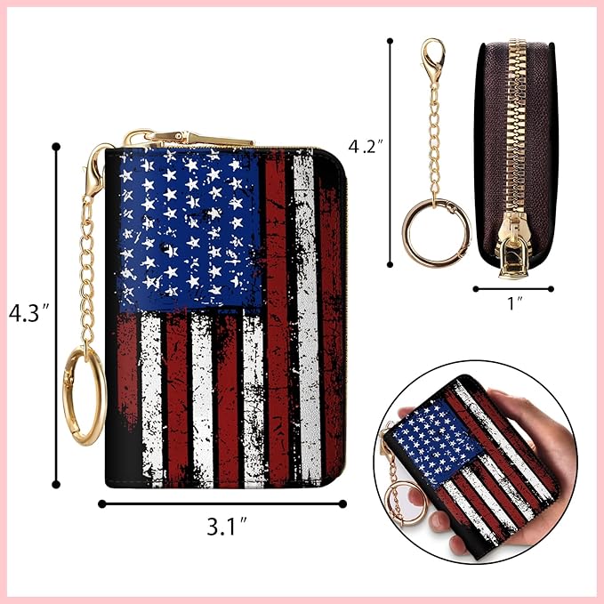 Blusabaca Women's RFID-Blocking American Flag Wallet, Leather, 12 Card Slots, 2 Coins, Zipper Closure, Waterproof