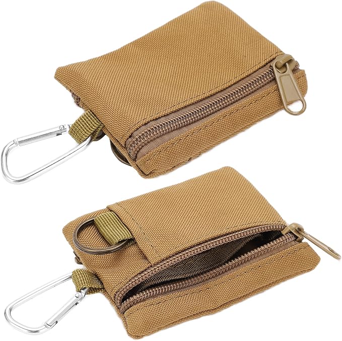 EDC Pocket Pouch, Mini Molle Pouch Wallet Tactical Keychain Pouches Multi Function Carabiner Gadget Utility Organizer Key Card Case Zipper Portable Military Outdoor Bag Tactics Waist(Brown)
