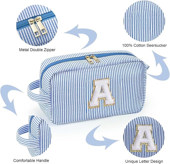 YOOLIFE Initial Makeup Bag for Women - Monogram Cute Makeup Bags Cosmetic Case Toiletry Pouch for Women Her Best Friend Sister Teacher, Personalized Birthday Gifts for Women, Blue J
