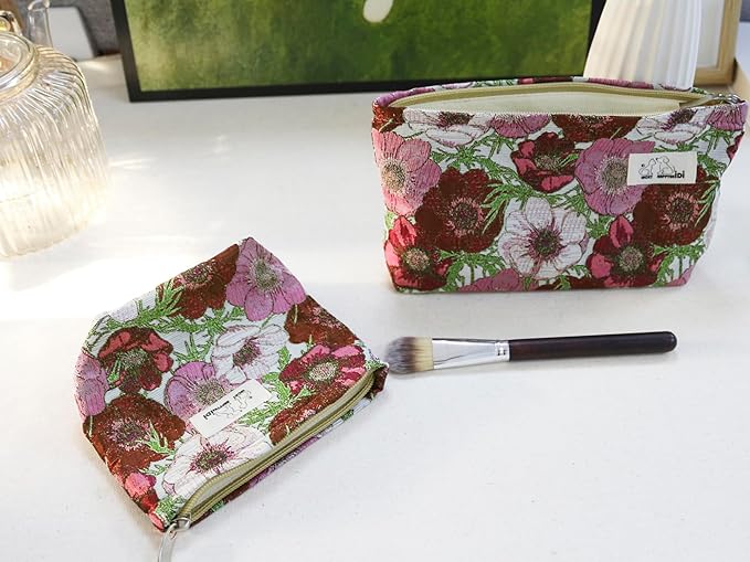 HAPPYHEIDI Makeup Bag Set 3 Cosmetic Toiletry Organizer Zipper Pouch for Purse Tote, Women Girls Gift, Large Medium Small, Red Floral Jacquard Polyester