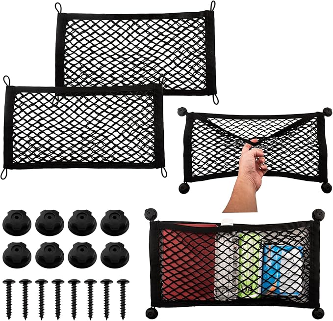 2 Pack Small Cargo Net Pocket Storage Pouch Bag 21 x 9.8 Inches RV Netting Elastic Automotive Cargo Nets with 8 Mounting Screws, Storage Mesh for Car Trunk SUV Boats