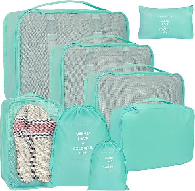8 Set Packing Cubes for Suitcases, kingdalux Blue Travel Luggage Packing Organizers with Laundry Bag, Compression Storage Shoe Bag, Clothing Underwear Bag, for Women & Man