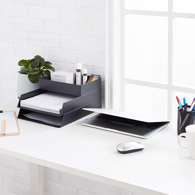 Amazon Basics Rectangular Plastic Desk Organizer with Storage Trays, Accessory Tray for Office Supplies and Pen Holder, 9.4 x 6.7 x 2 inch, Black (Pack of 2)