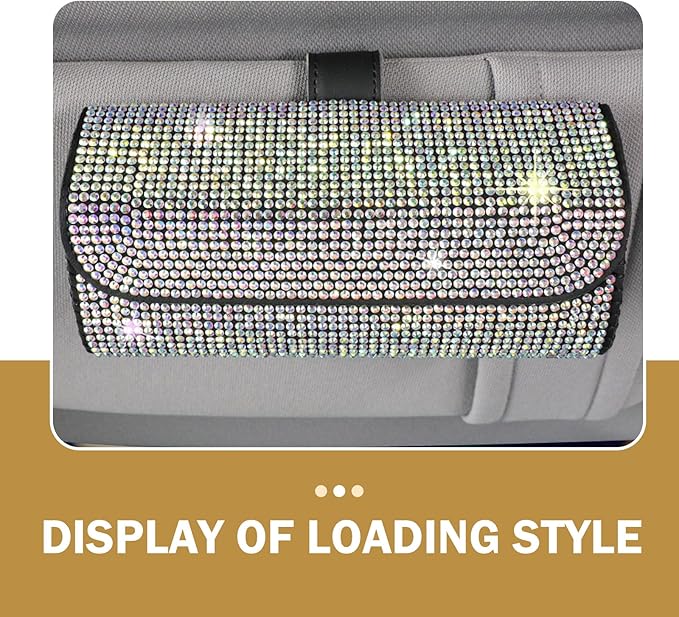 Bling Sunglasses Holder for Car Sun Visor, Rhinestone Auto Eyeglasses Mount Clip Organizer, Leather Sunvisor Sunglasses Storage Case, Universal Glasses Holder Clips for SUV, Sedan, Van (AB)
