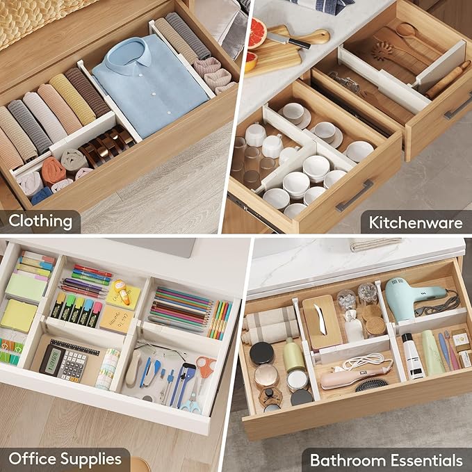 Lifewit 4 Pack 4" High Drawer Dividers 28-43.5cm/11-17" Adjustable Drawer Organizer for Clothes/Utensils, Expandable Drawer Separator in Dresser/Kitchen/Bedroom/Office Organization & Storage Beige