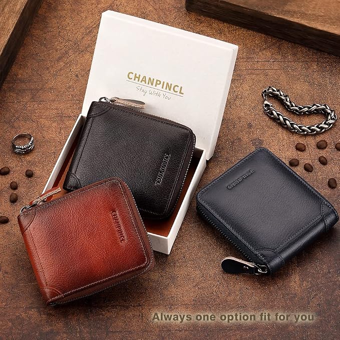 Mens Genuine Leather Zipper Wallet RFID Secure Large Capacity Double Fold Multi-card Leather Wallets for Men and coin purse