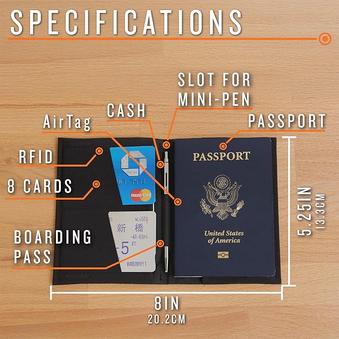 SlimFold Minimalist Passport Holder - Ultra-Thin Wallet Design with AirTag Slot, RFID Blocking - Holds 2 Passports with Magnet Closure for Secure Travel - Made in USA (Black w/Black Stitching)