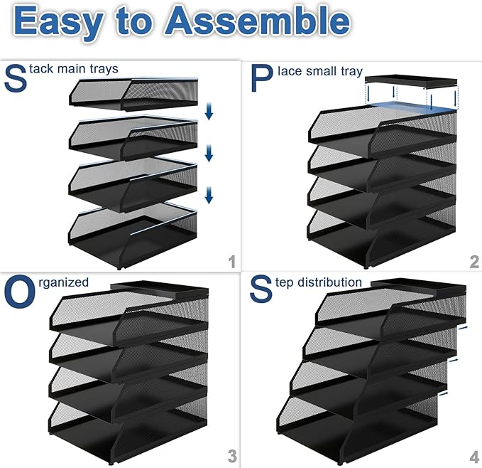Natwind 4-Tier Paper Organizers,Desk Organizer,Stackable Paper Tray, Desk Accessories,Metal Mesh Desktop Organizer,Letter Trays,File Document Storage Rack for for Home, Office, School (Black)