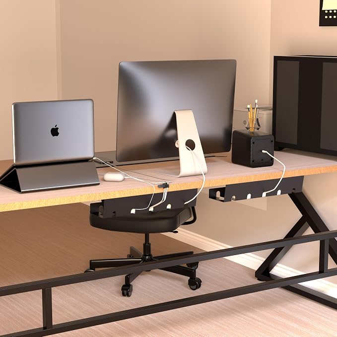 2 Pack 17" Under Desk Cable Management Tray, Metal Wire Management Standing Desk Cord Organizer Power Strip Holder with Cable Ties and Clips for Home Office, Black