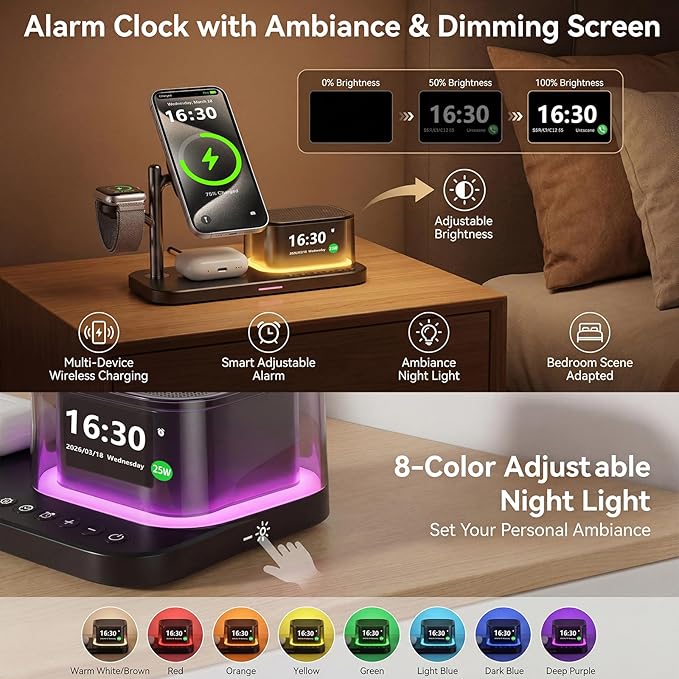 45W 5 in 1 Wireless Charging Station with Alarm Clock and Bluetooth Speaker & Night Light, Qi2.2 25W Fast Charger for MagSafe for iPhone 17/S26 Ultra, Charger Stand for iWatch & Galaxy Watch