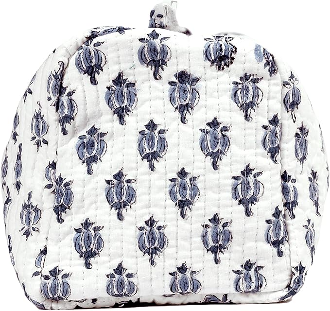 Cotton Hand Block Floral Print Toiletry Bag For Women Make Up Cosmetic Bag Jewelry Organizer Kit Storage Bag Case Travel Accessories Essentials Toiletries Purse Open Pouch White 2 (9.25"x 6.88"x 4.5")