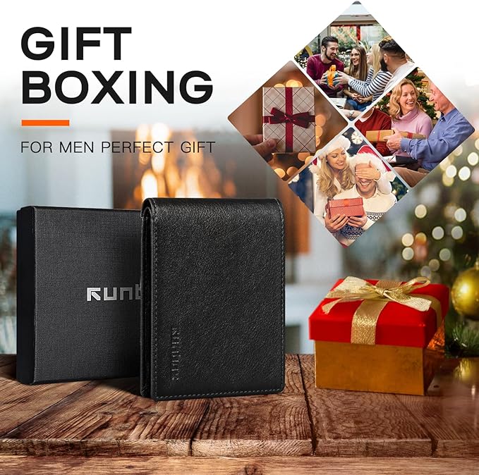RUNBOX Wallet for Men Slim Leather Bifold RFID Blocking Minimalist Front Pocket Design with Gift Box
