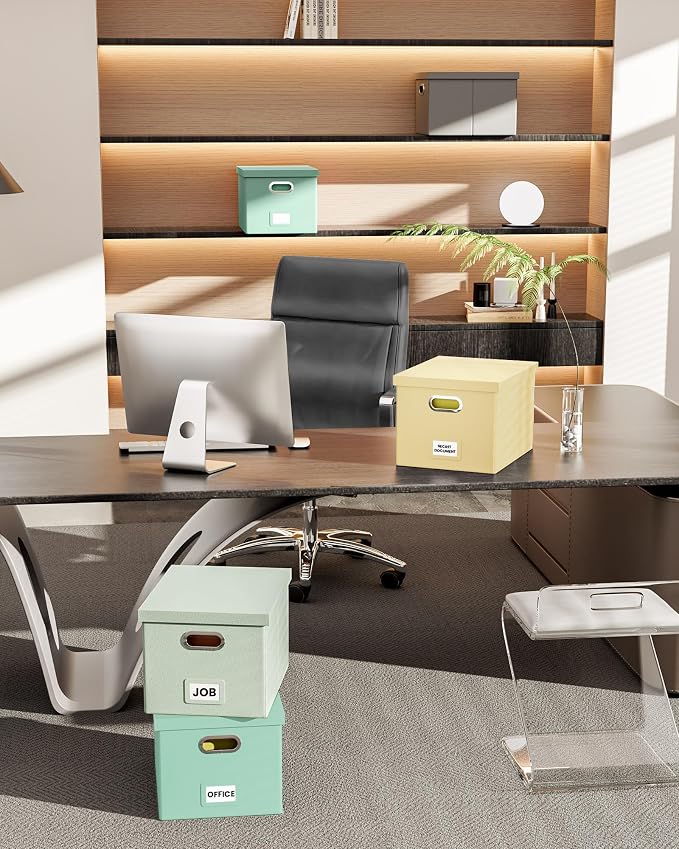 2 Pack File Storage Organizer, Portable File Box with Lid, Fit for Letter/Legal File Folder Storage, Grey-green (Leather) Box
